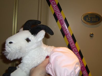 Lacy in front of hotel room after party