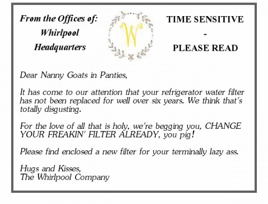 Why I Never Change My Refrigerator's Water Filter: A Warped Product Review for Whirlpool | Nanny Goats in Panties